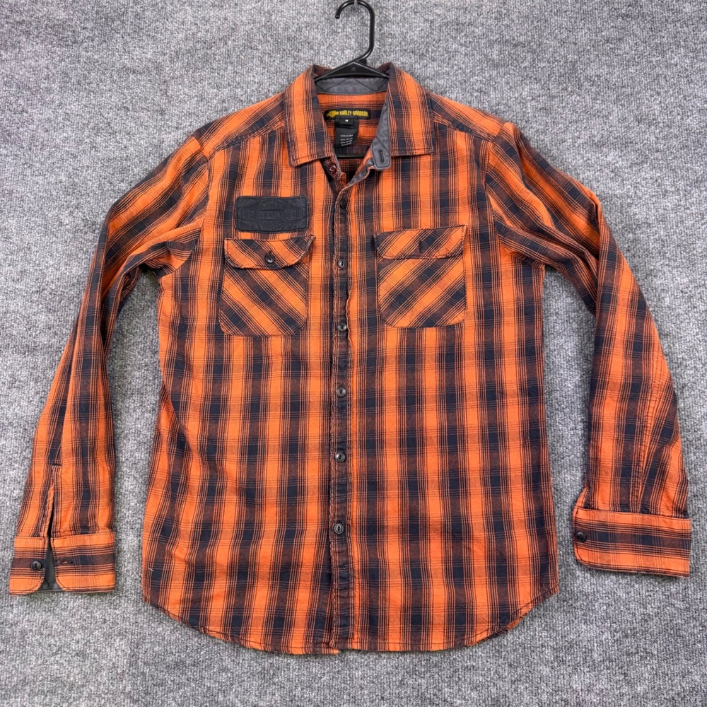 Harley-Davidson Mens Orange Black Plaid Long Sleeve Button Down Shirt Medium M